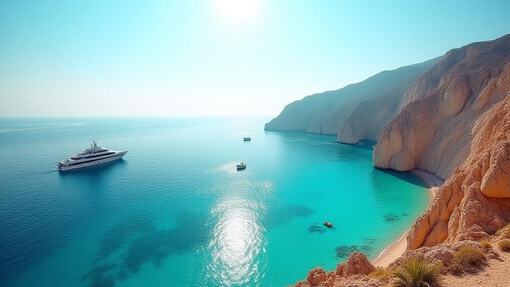 Luxury travel vista across a turquoise coastline